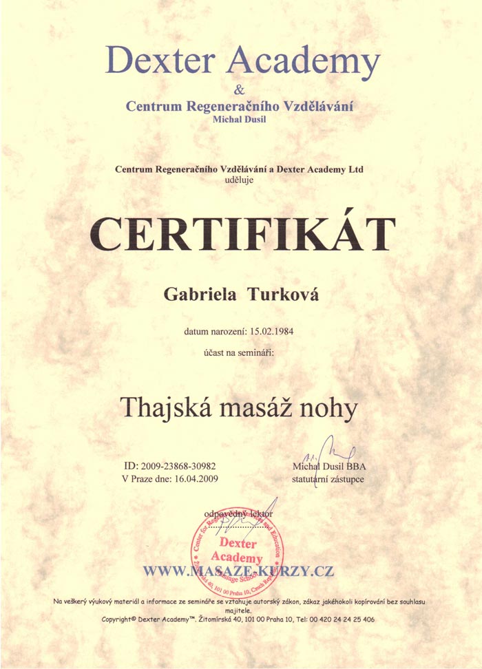 Certifikát, Thajská masáž nohy.