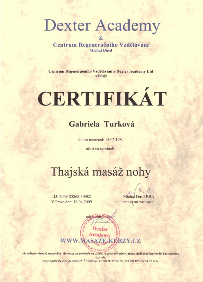 Certifikát, Thajská masáž nohy. Certifikát, Thajská masáž nohy.