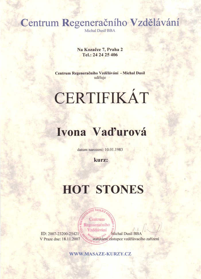 Certifikát, HOT STONES. Certifikát, HOT STONES.