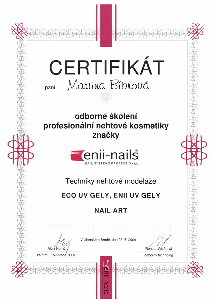 Martina Bibrová, certifikát: enii-nails