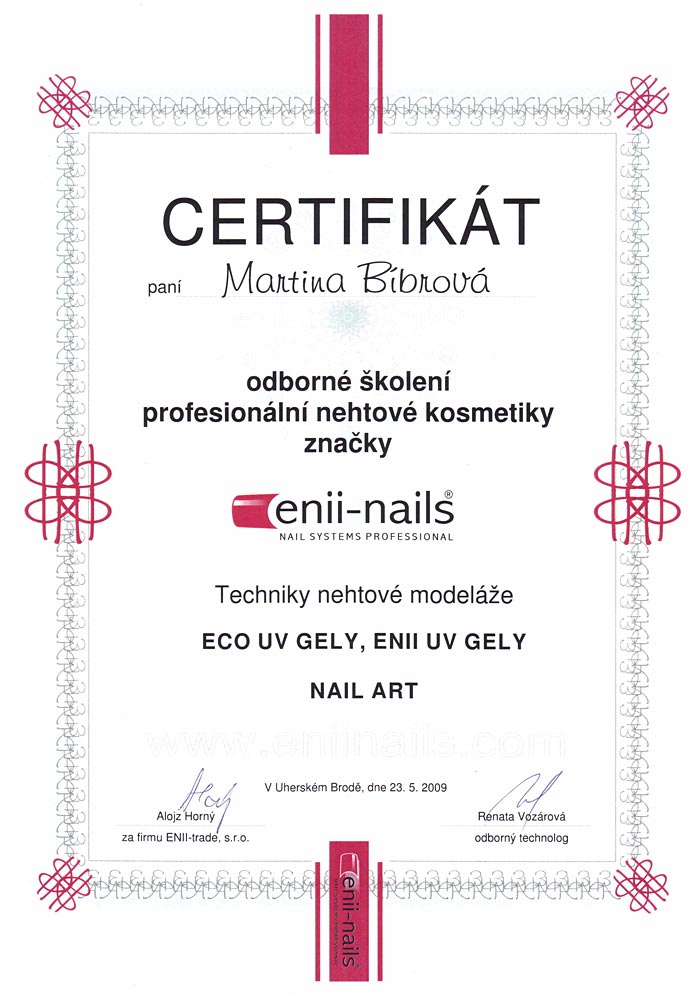 Martina Bibrová, certifikát: enii-nails Martina Bibrová, certifikát: enii-nails